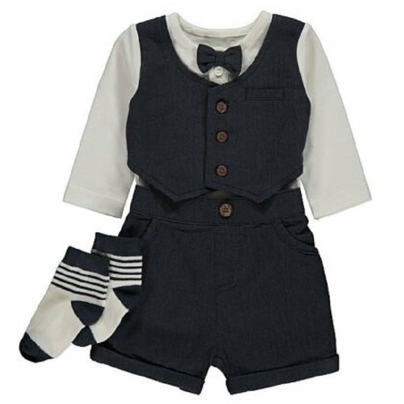 G241: Baby Boys Bodysuit With Mock Waistcoat, Shorts & Socks Outfit (0-24 Months)